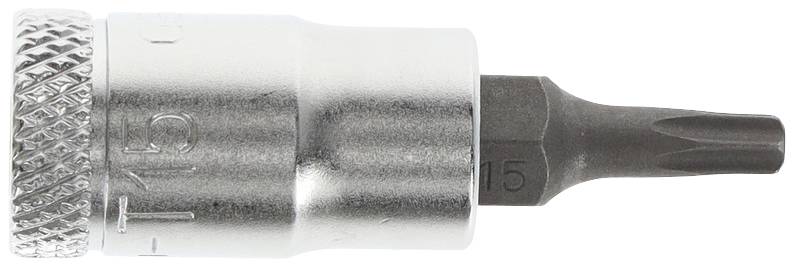 Egy oldalnézetben fotózott ezüstszínű csavarkulcs-betét fekete Torx T15 fejjel. A betétnek recézett vége van a jobb fogás érdekében.