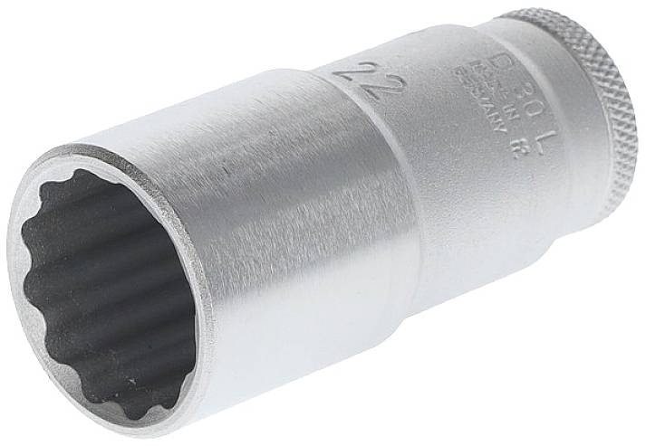 22 mm-es dugókulcs, metrikus méret, tizenkétszögletű nyílással csavaranyákhoz, fémből készítve.