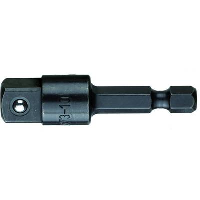 Egy fekete csavarhúzó adapter, amely a hatszögletű profilt négyszögletűre alakítja át. Az adapternek gömbcsuklós rögzítése van.