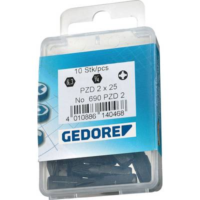 Egy Gedore márkájú, 10 darab kereszthornyos bittet tartalmazó csomag (PZD 2 x 25), cikkszám: 690 PZD 2, részben látható a átlátszó fedél által.