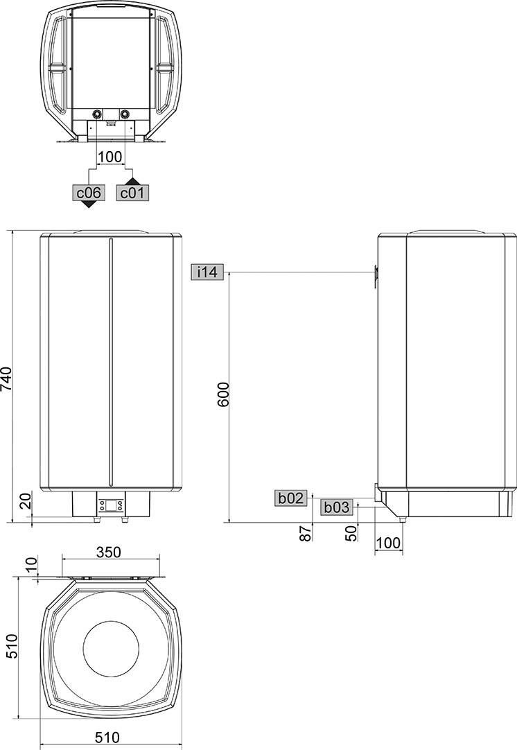 Műszaki rajz egy téglalap alakú konténerről a következő méretekkel: magasság 740 mm, szélesség 510 mm, mélység 350 mm. Az oldalnézet és a frontális nézet mutatja a csatlakozók helyzetét és méretét.