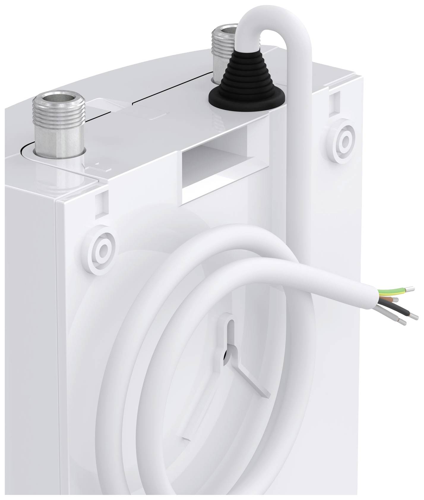 Fehér eszköz bedugott csővel és két csatlakozóval felül, az elektromos vezetékek láthatóak. Fali szerelésre tervezve.