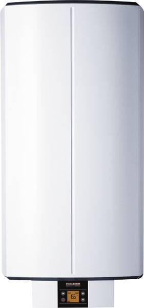 Egy fehér elektromos fali vízmelegítő, amelynek alsó részén hőmérsékletjelző látható, és jelenleg 65°C-ot mutat.