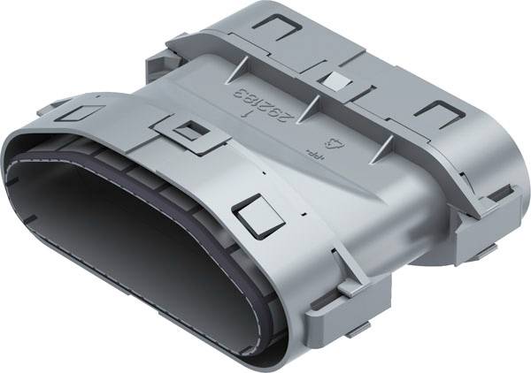 Szürke műanyag alkatrész, téglalap alakú lekerekített sarkokkal, műszaki csatlakozó, '2G188' felirattal.