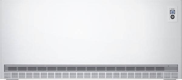 Egy karcsú, fehér mikrohullámú sütő alsó szellőzőnyílásokkal és digitális kezelőpanellel a jobb felső sarokban. Tökéletes modern konyhákba.