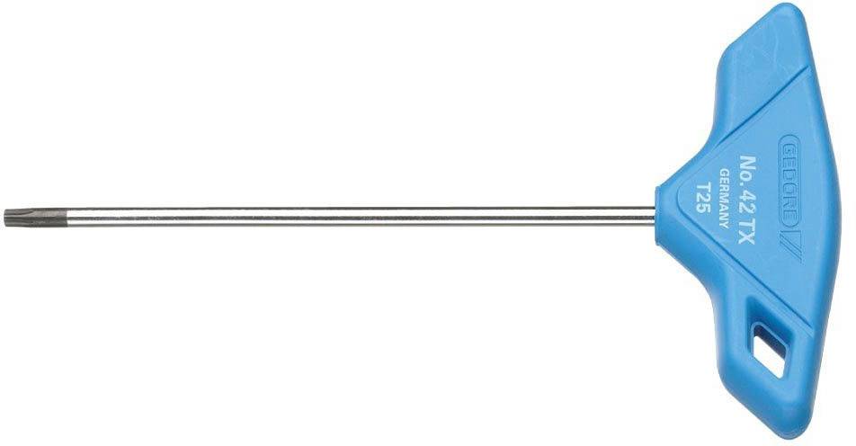 Kék nyelű Torx-kulcs, amelynek jelölése 'GEDORE NO.42 TX T25'. A markolat baloldalon hajlított és ergonomikus kialakítású.