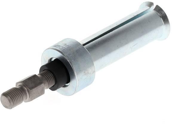 Egy fémes henger, amelynek külső menete van az egyik végén. Valószínűleg egy mechanikai rendszer vagy eszköz alkatrésze.