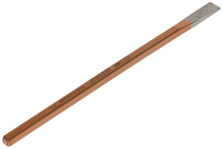 Egy narancssárga, téglalap alakú ács/asztalos ceruza "Faber-Castell 9000" felirattal.