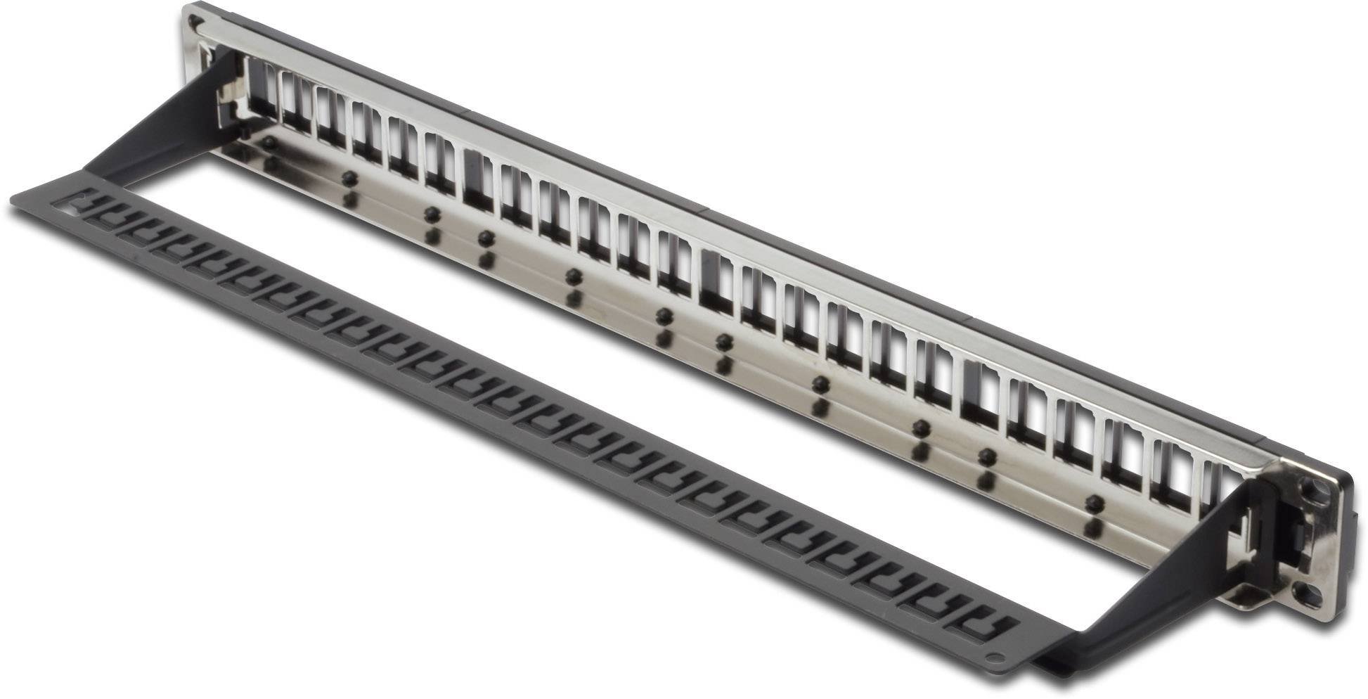 24 portos hálózati patch panel, amely alkalmas hálózati kapcsolatok strukturálására és kezelésére egy IT-rack rendszerben.