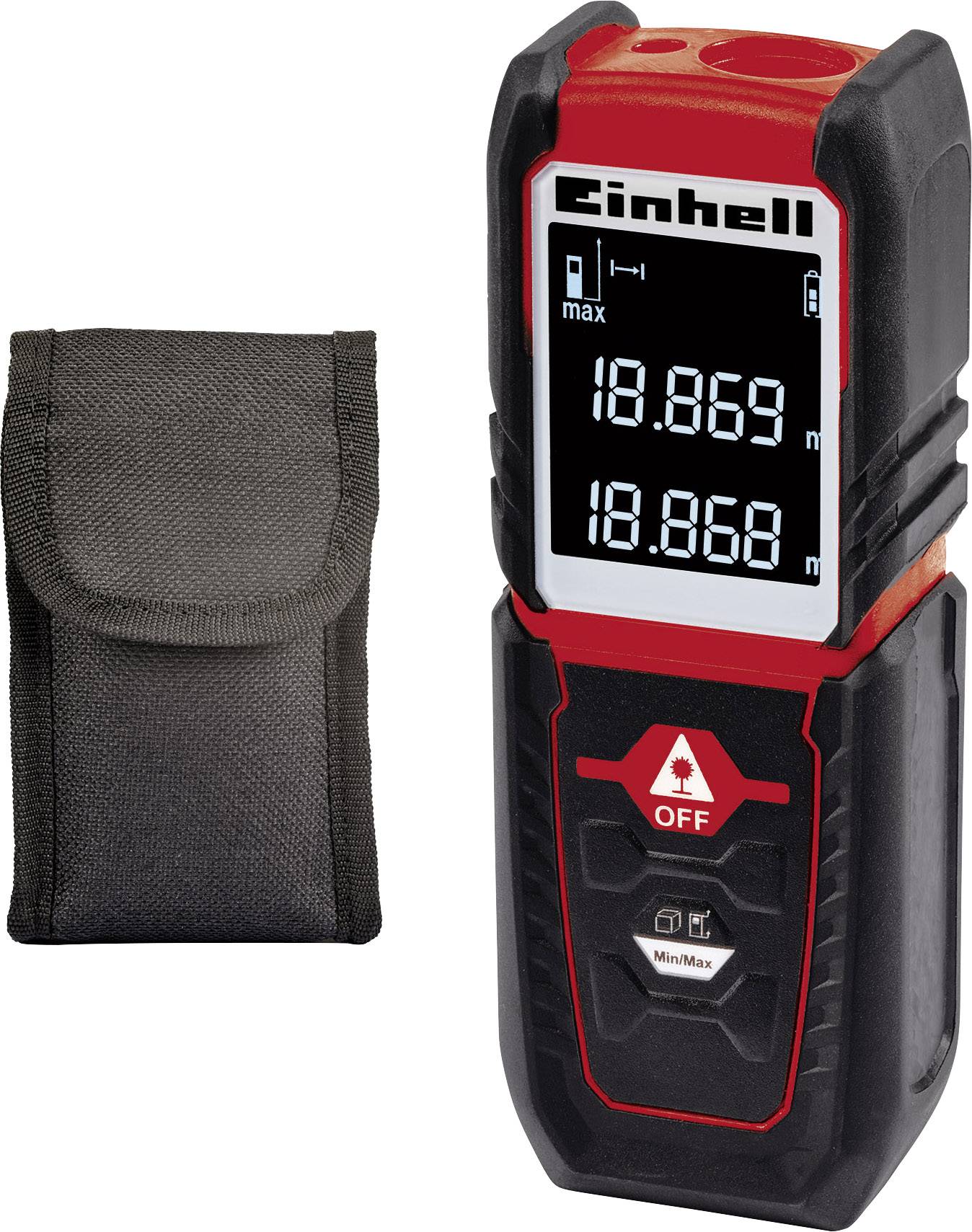 Az Einhell lézeres távolságmérő digitális kijelzőjén '10,869 m' dupla mérés látható, fekete hordtáskával együtt.
