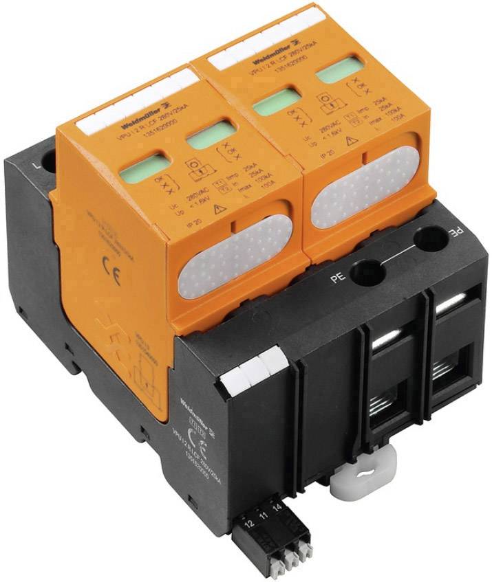 Túlfeszültség-védelmi eszköz két narancssárga modullal, fekete alappal és csatlakozókkal, elektromos rendszerek védelmére.