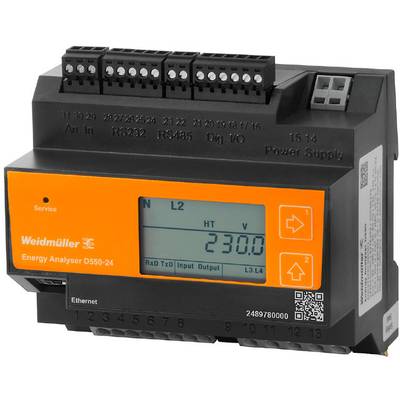 Weidmüller DS50-24 energiaanalizátor digitális csatlakozásokkal, 230 V kijelzéssel a képernyőn, Ethernet-csatlakozással.