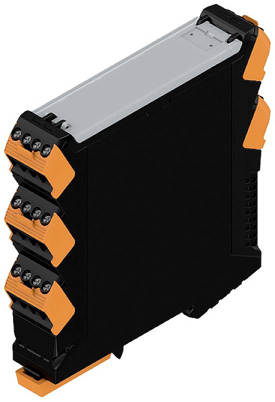 Egy fekete, téglalap alakú elektronikai eszköz narancssárga szélekkel és több csatlakozókapoccsal az oldalán.