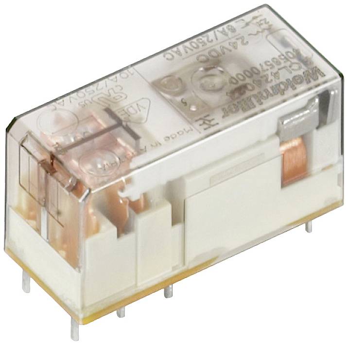 Relé átlátszó házzal, mutatja a belső komponenseket és a réztekercset. Elektromos vagy elektronikai alkalmazásokhoz alkalmas.