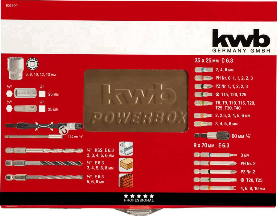 'Fúrók és bitek készlete méretekkel és típusokkal, "kwb" márka, Powerbox professzionális felhasználásra.'