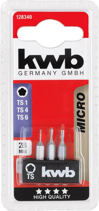 4 darabos fekete mikro csavarhúzó betét 'kwb' márkától, TS 1, TS 4, TS 6 típusokhoz. Felirat: 'High Quality'.