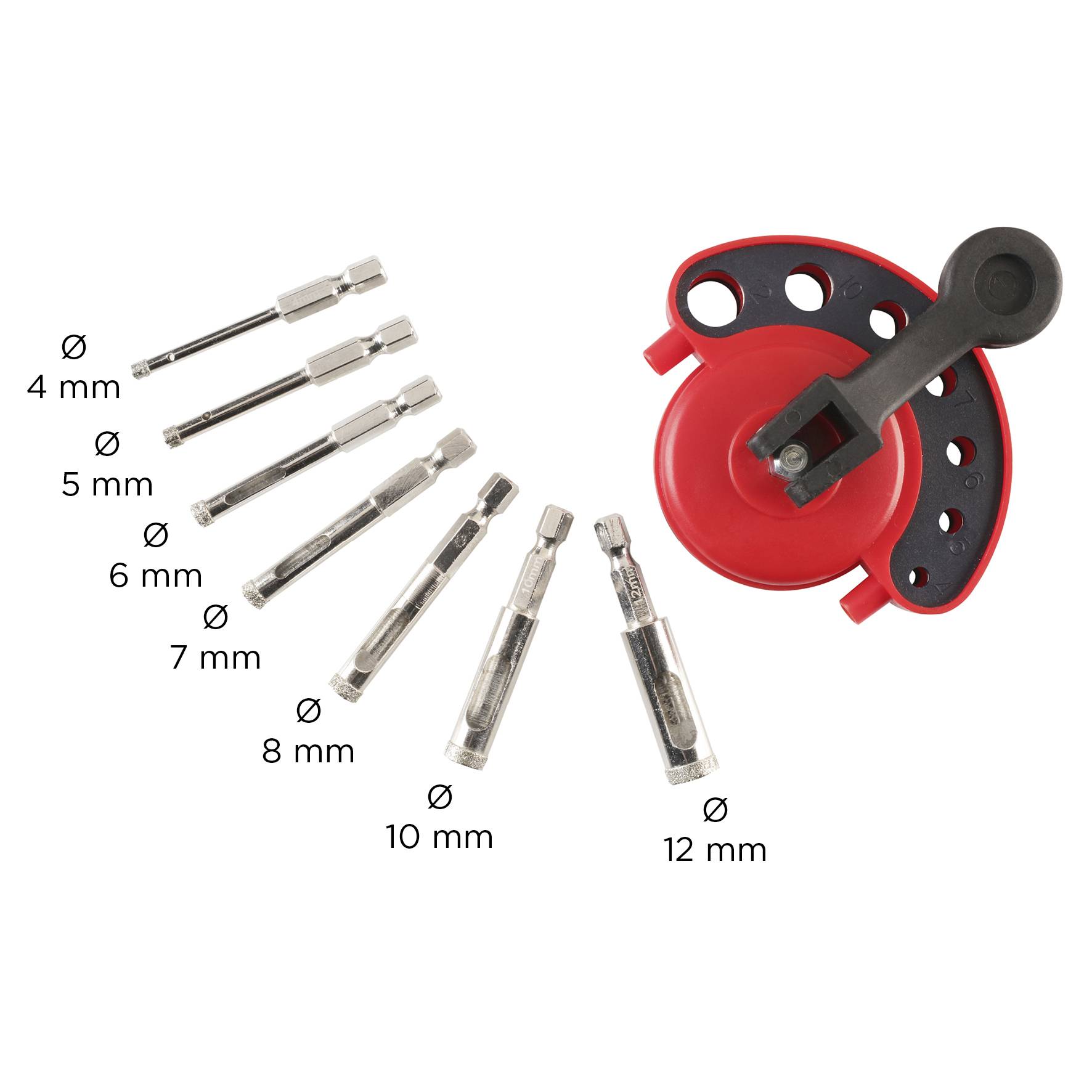 Nyolc dugókulcs-betét különböző méretekben 4 mm-től 12 mm-ig egy piros, kerek tartóelem mellett.