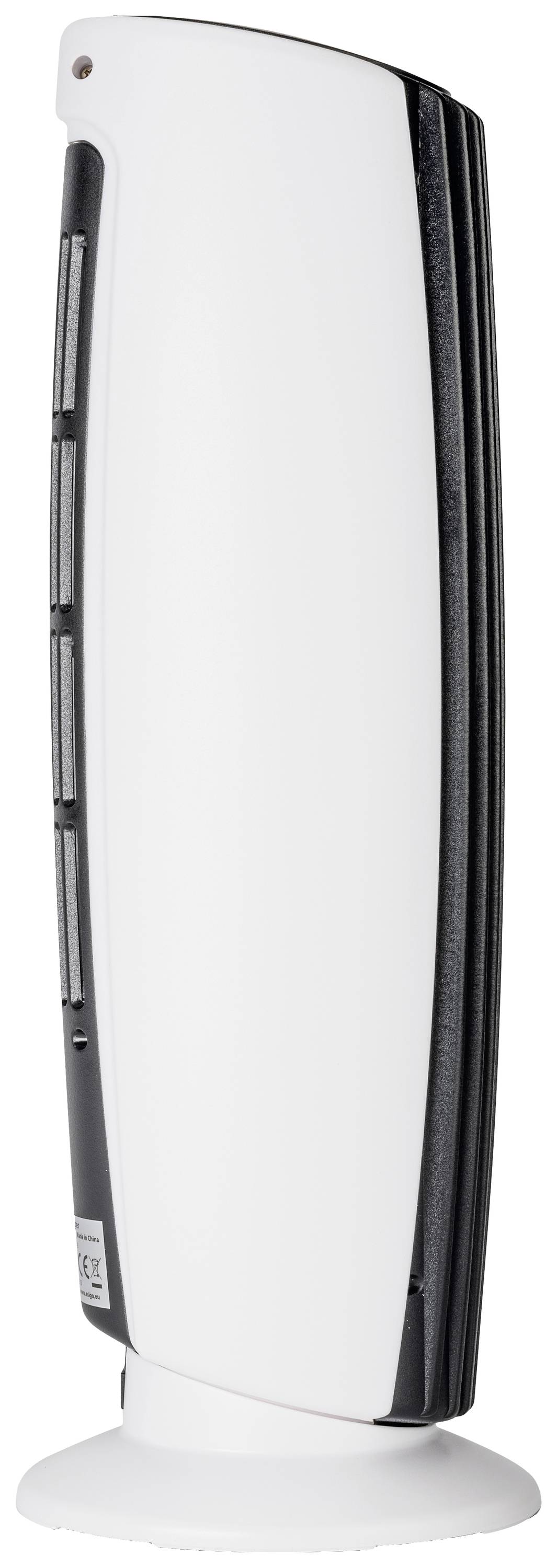 Egy fehér, függőleges légpurító fekete oldalsávokkal egy kerek talapzaton.