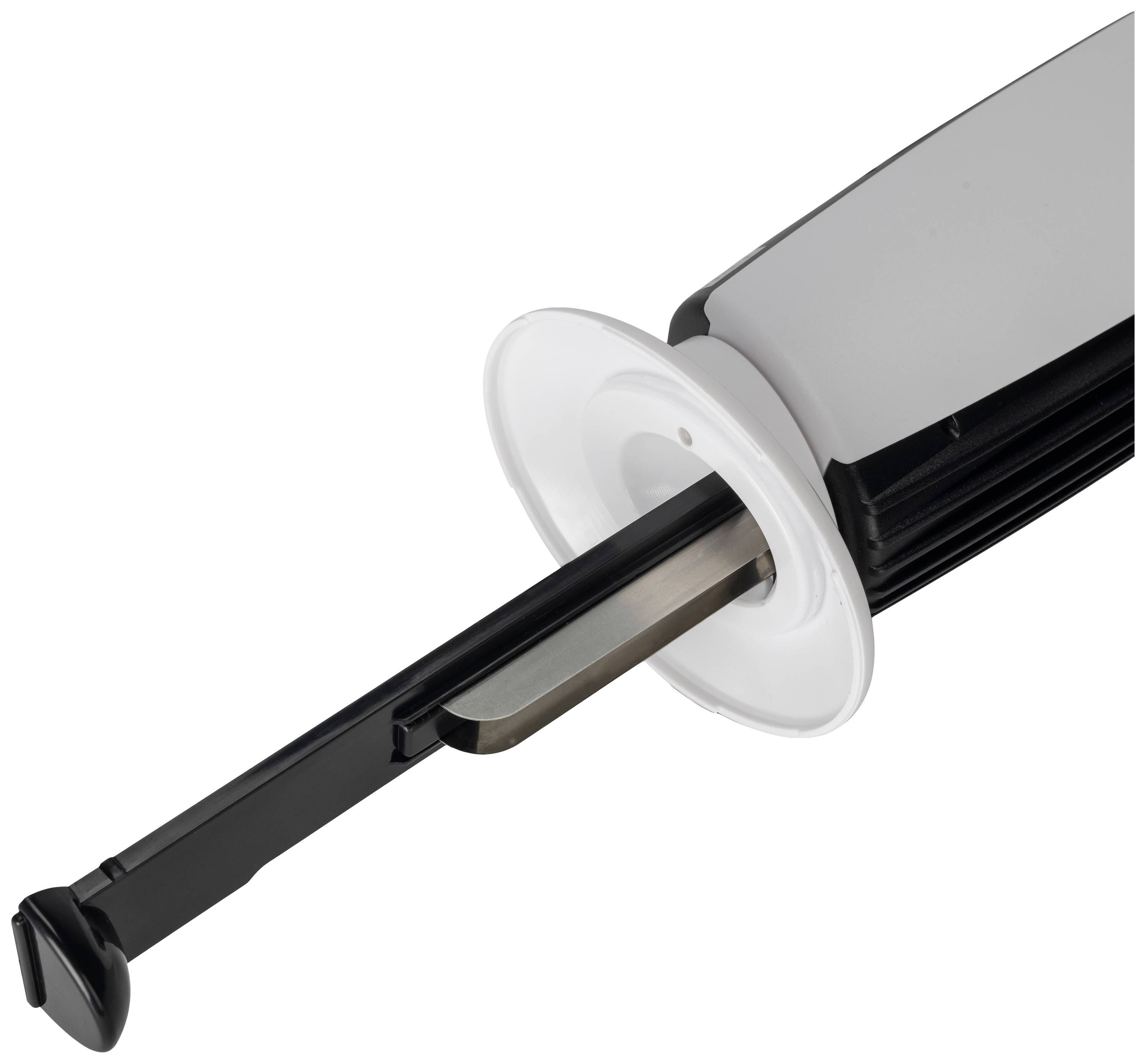 Fekete-ezüst kenyérpirító kivehető morzsatálcával, amely megkönnyíti a tisztítást és csökkenti az ételmaradékok felhalmozódását a készülékben.