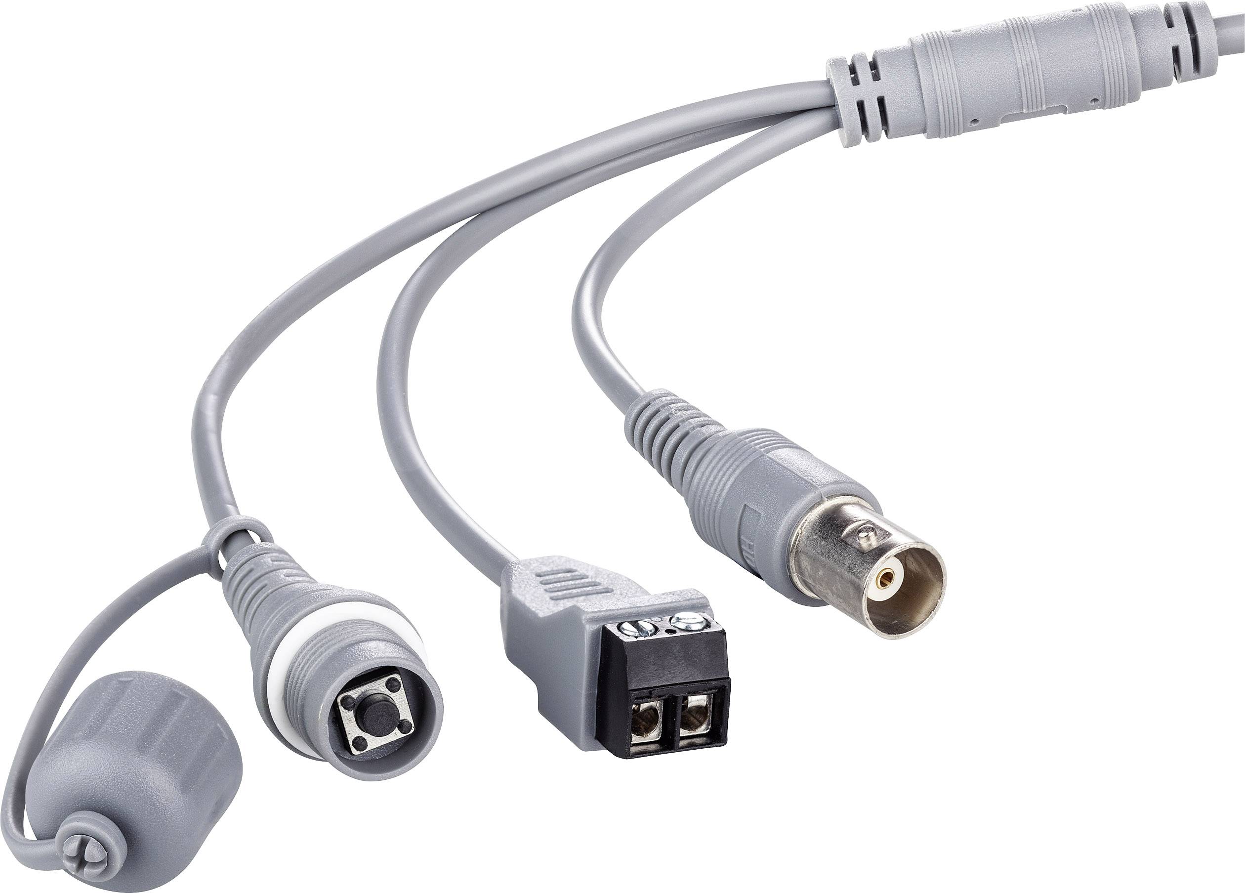 Három különböző szürke csatlakozótípus: 2-pólusú csatlakozó, 4-pólusú kerek dugasz és BNC-csatlakozó, szürke kábelekre szerelve.
