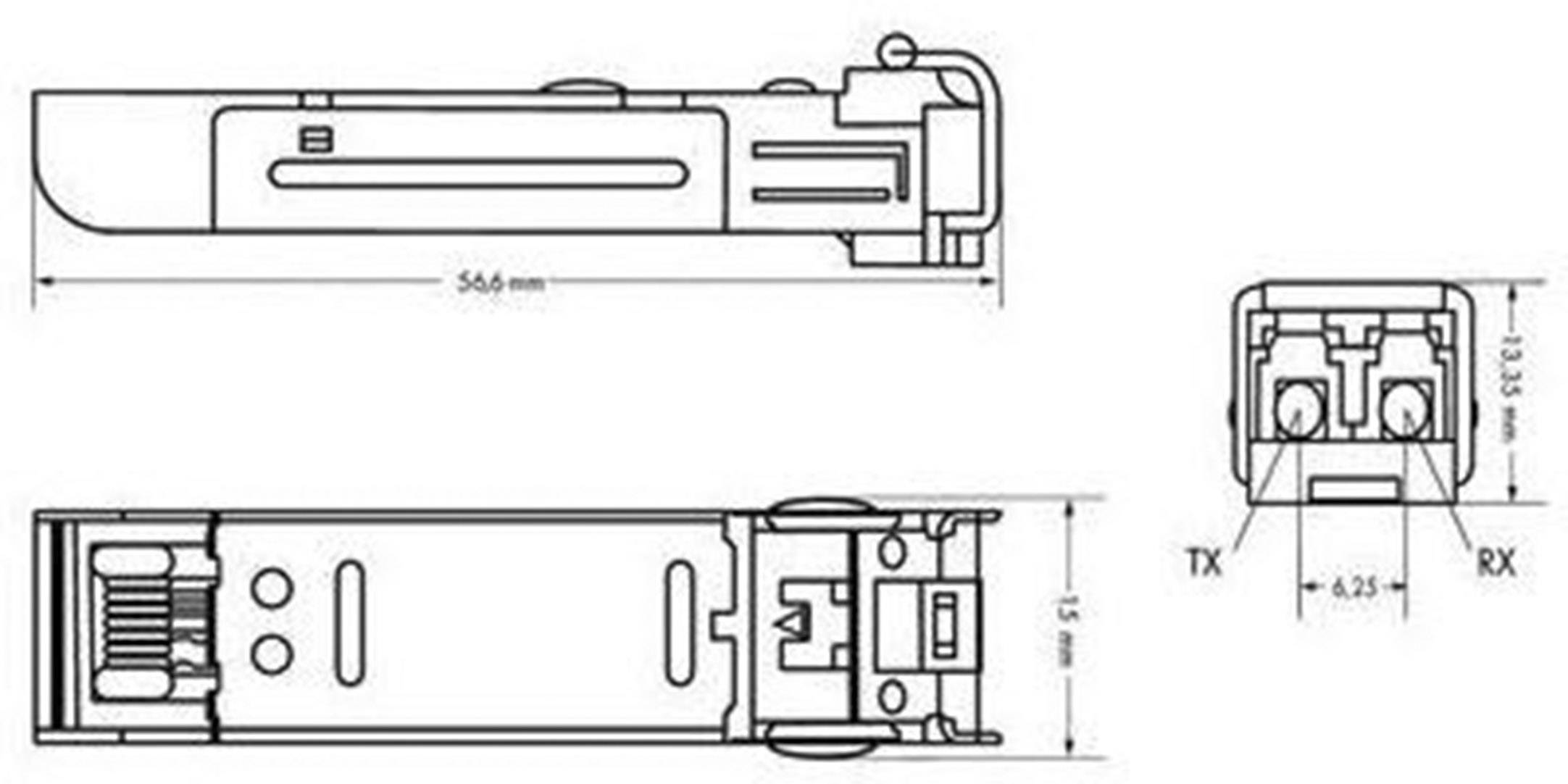 Műszaki rajz egy SFP-modulról méretekkel: hosszúság 56,6 mm, szélesség 13,4 mm. Oldalsó és frontális nézet, TX és RX jelöléssel.