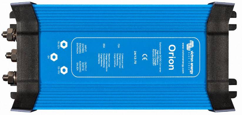 Kék "Orion" inverter fekete végekkel. Műszaki részleteket és szimbólumokat tartalmaz a felső oldalán.