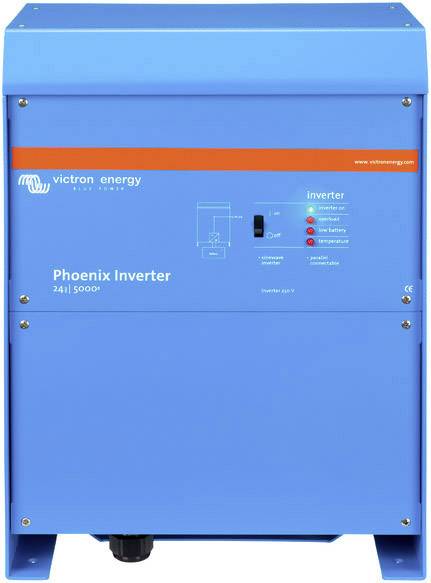 Kék váltóirányító Victron Energy Phoenix Inverter 24V 5000W felirattal, elöl látható vezérlőlámpákkal és kapcsolókkal.