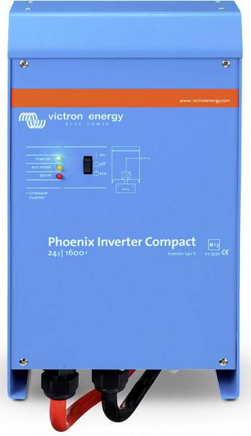 Egy kék Victron Energy Phoenix Compact inverter, amelyen a '24/1600' modellmegjelölés látható, és csatlakozókábelek vannak az alsó részén.