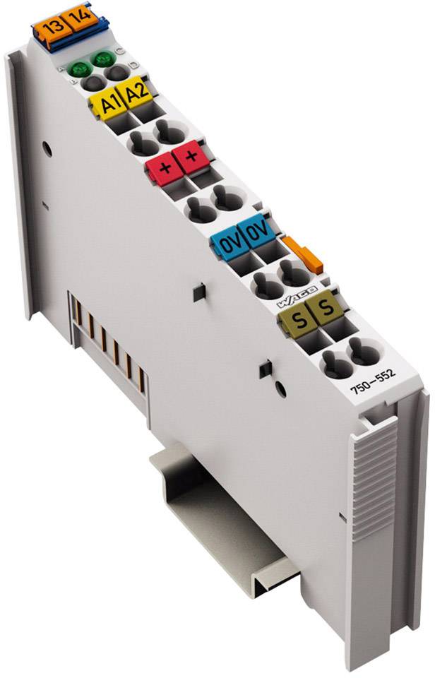 Egy szürke elektronikai modul színesen jelölt csatlakozókkal és feliratokkal az elektromos csatlakozások és vezérlések számára.