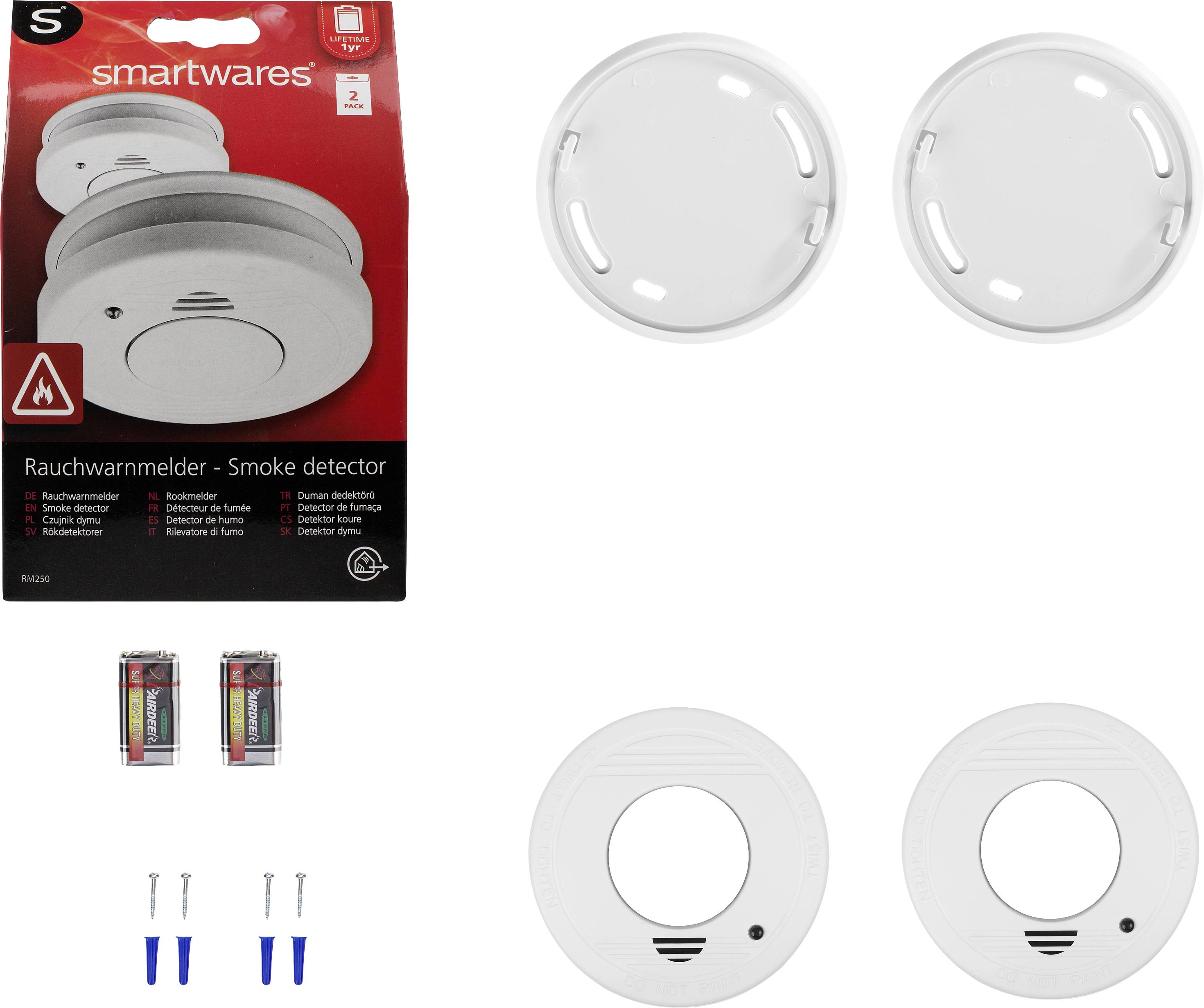 Füstérzékelő duplacsomag elemekkel, rögzítőanyaggal és útmutatóval. Füst érzékelésére alkalmas.