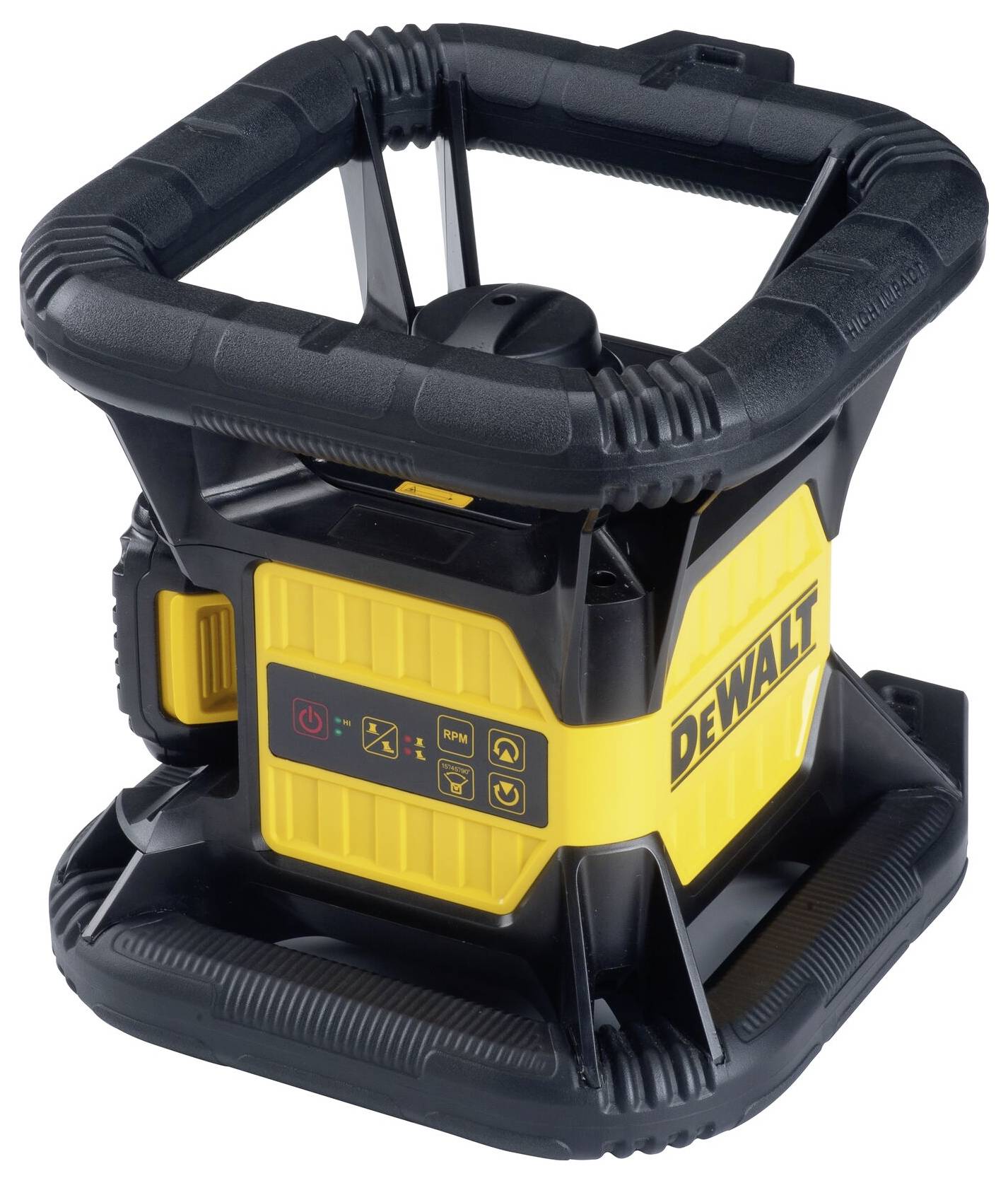Egy sárga-fekete DeWalt akkumulátoros rádiós töltő robusztus fogantyúval, vezérlőgombokkal és töltőcsatlakozóval, amely alkalmas építkezési környezetekhez.