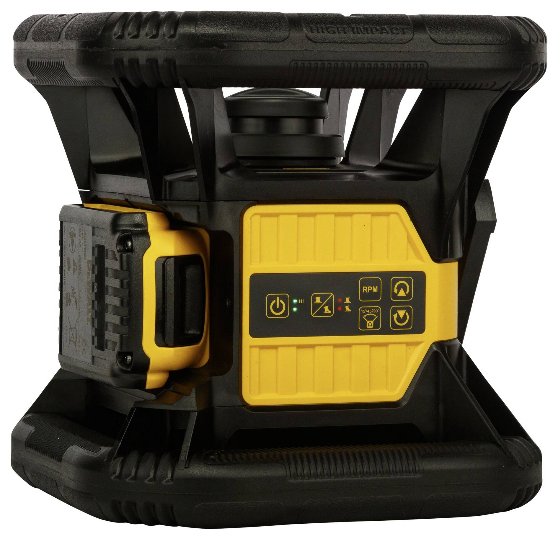 Fekete és sárga hordozható eszköz, amelynek első oldalán beállítási és teljesítmény szimbólumok találhatók. Robusztus kivitelű, beépített fogantyúval rendelkezik.