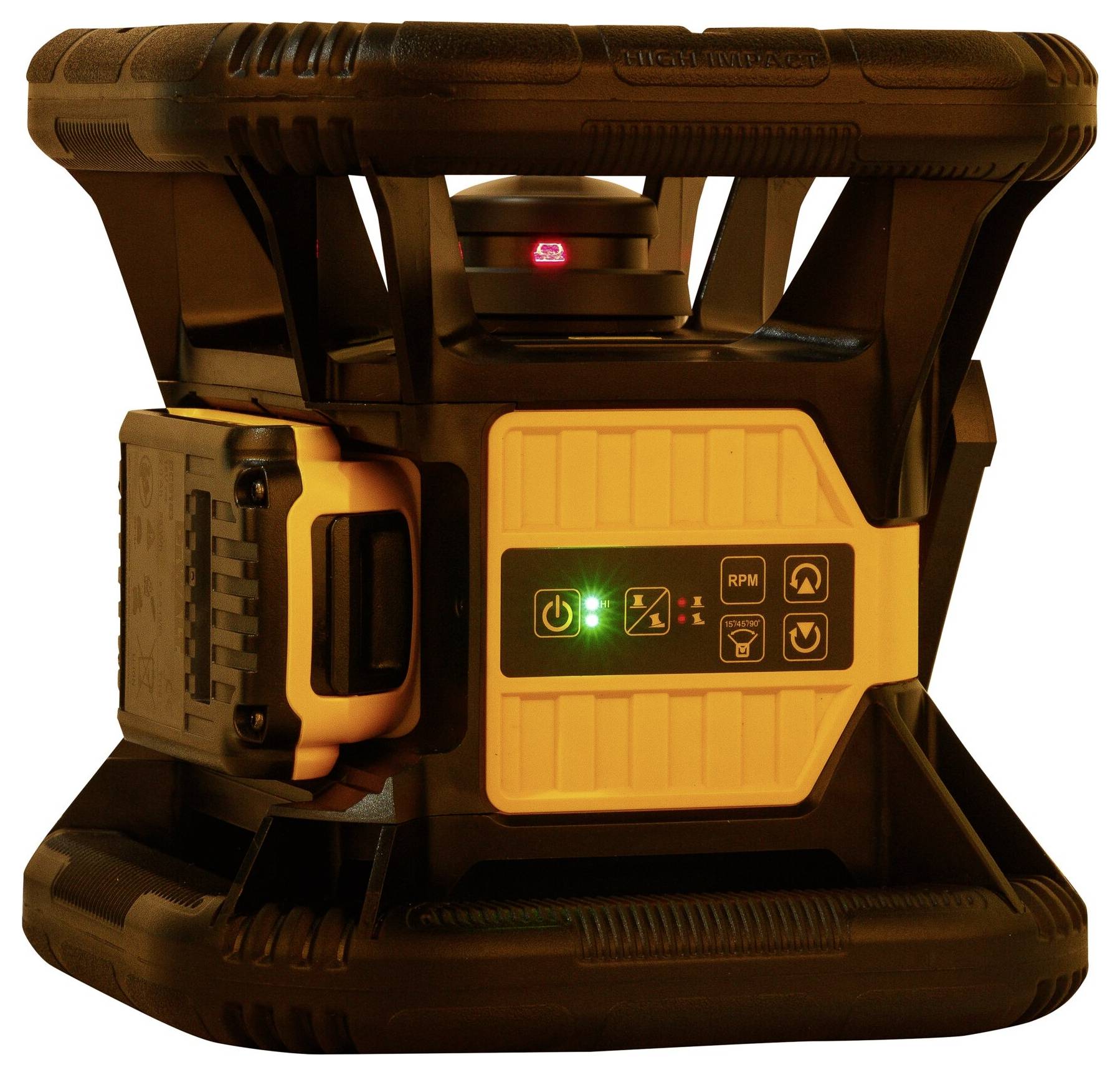 Elektromos építkezési lézer, robusztus fekete ház sárga kezelőpanellel, üzemelési állapotot jelző fényjelzésekkel, geodéziai munkákhoz.