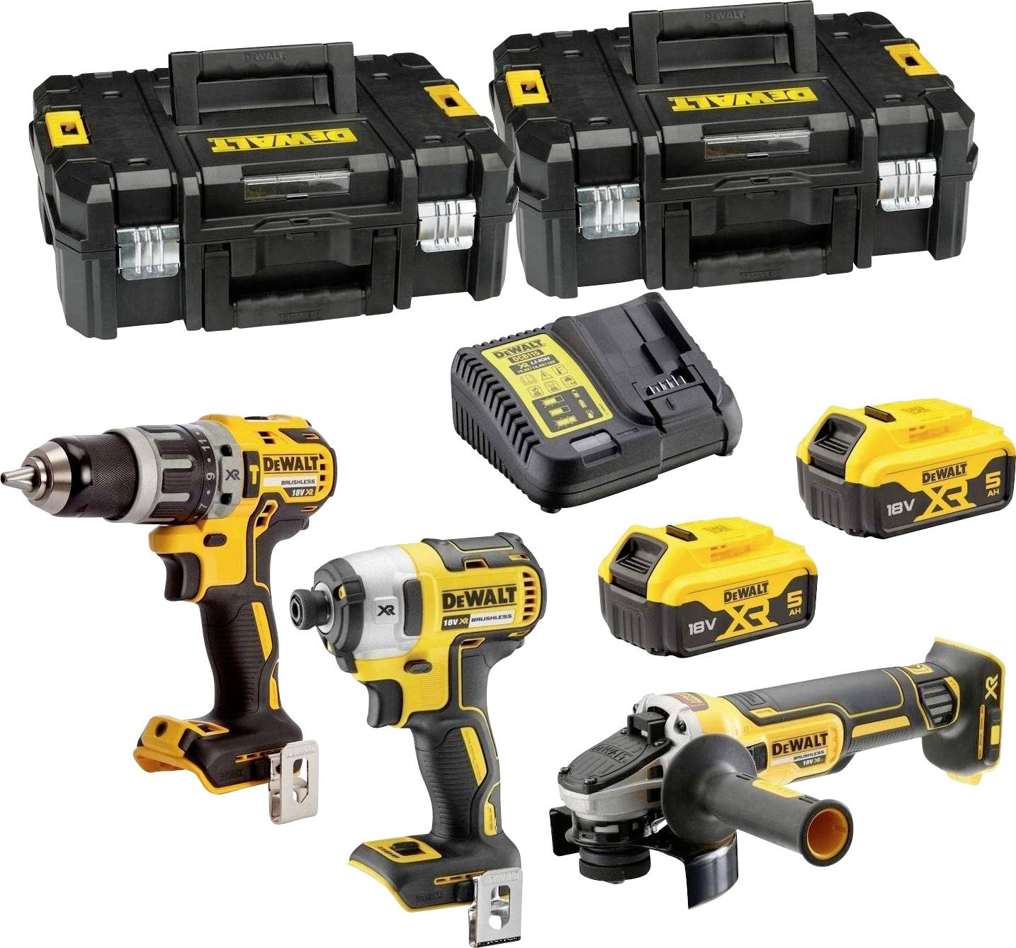 DEWALT DCK384P2T-QW DCK384P2T-QW Szerszámkészlet Akkus ütve fúrócsavarozó, Akkus ütvecsavarozó, Akkus sarokcsiszoló, Akku, Akkutöltő készülék 8 részes