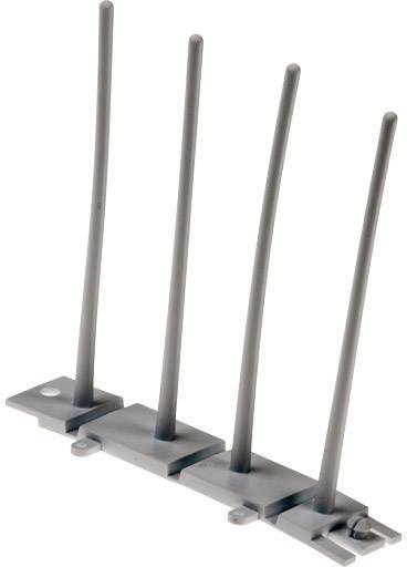 Négy szürke, függőleges rúd egy téglalap alakú alapon, amely valószínűleg egy tárolórendszer vagy tartó része.