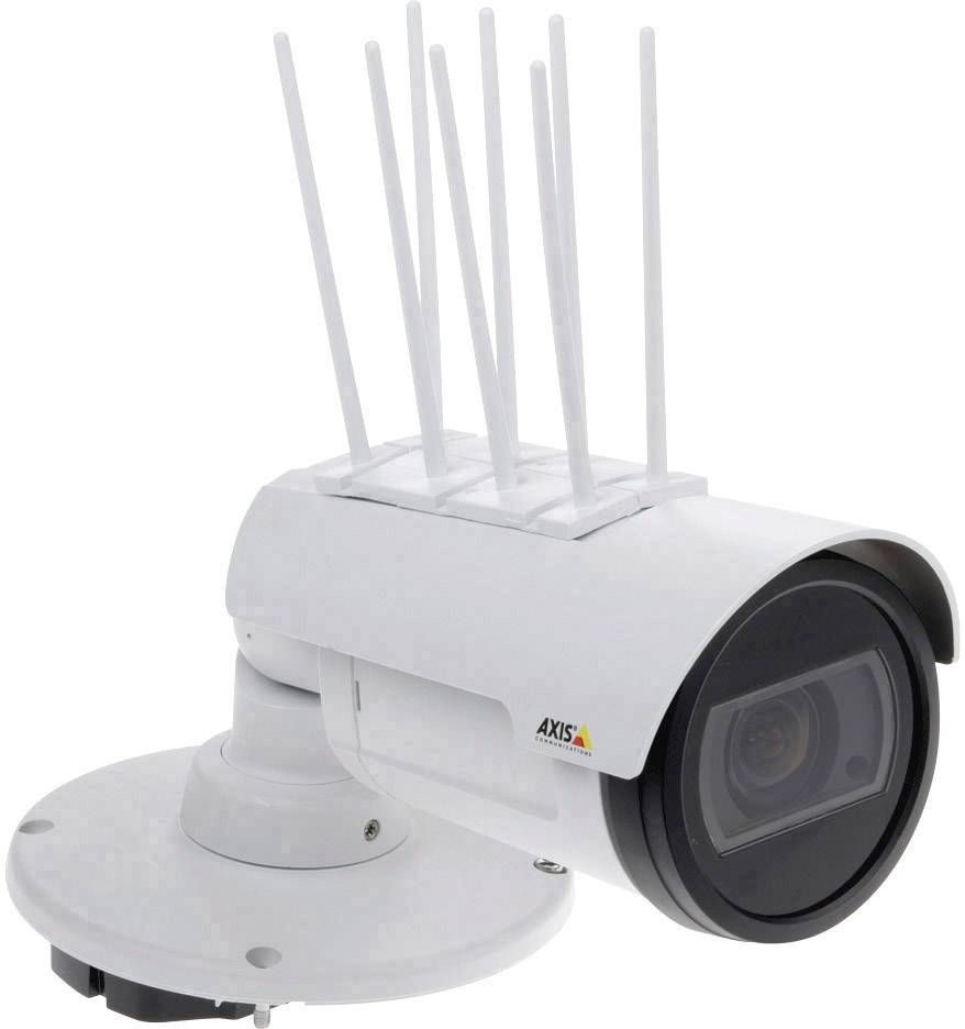 Kültéri felhasználásra alkalmas biztonsági kamera antennákkal, fehér rögzítőkonzolon.