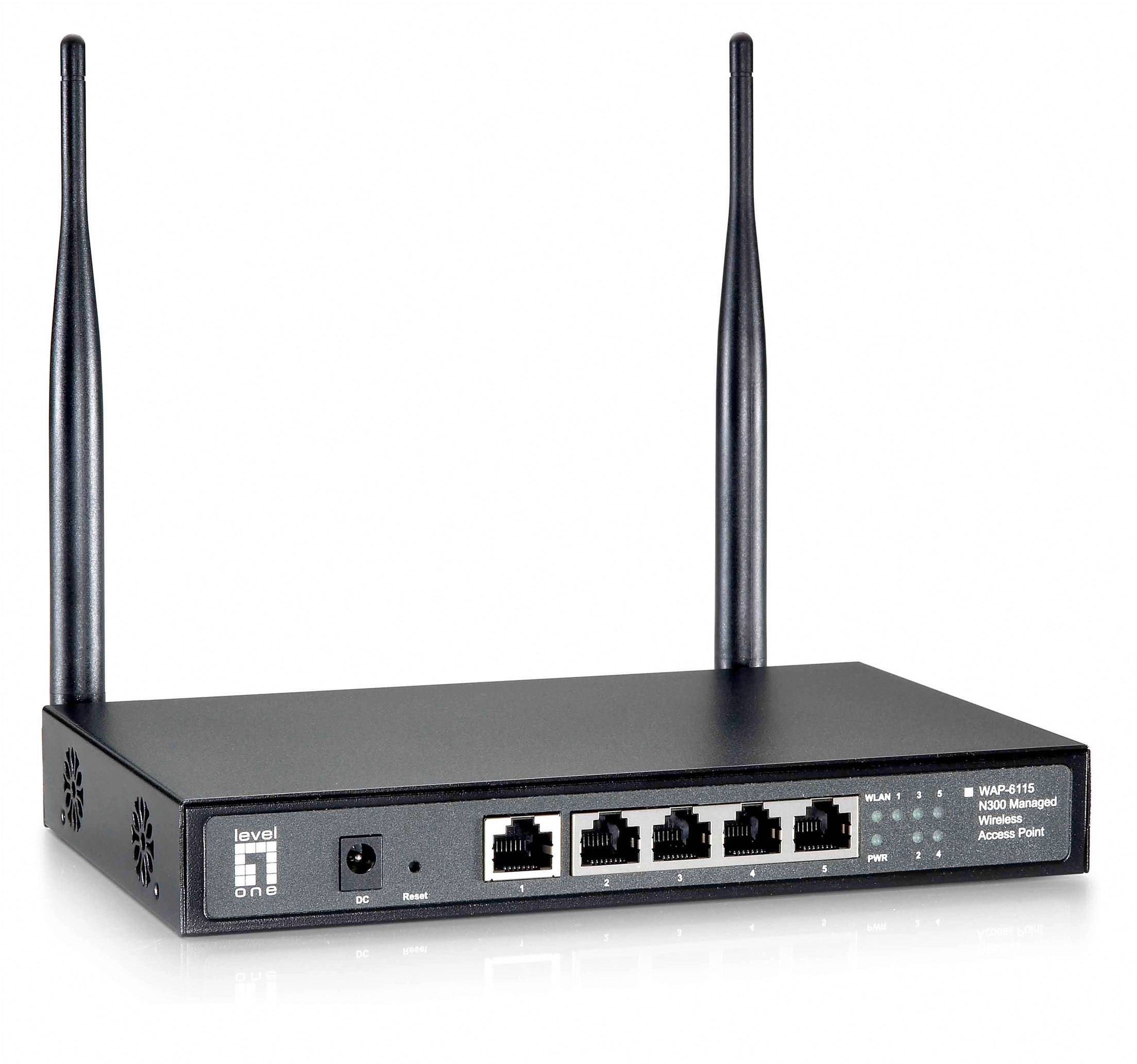 Egy fekete hálózati router két antennával és négy Ethernet-csatlakozóval az elején, a 'WAP-6115' típusszámú modell.