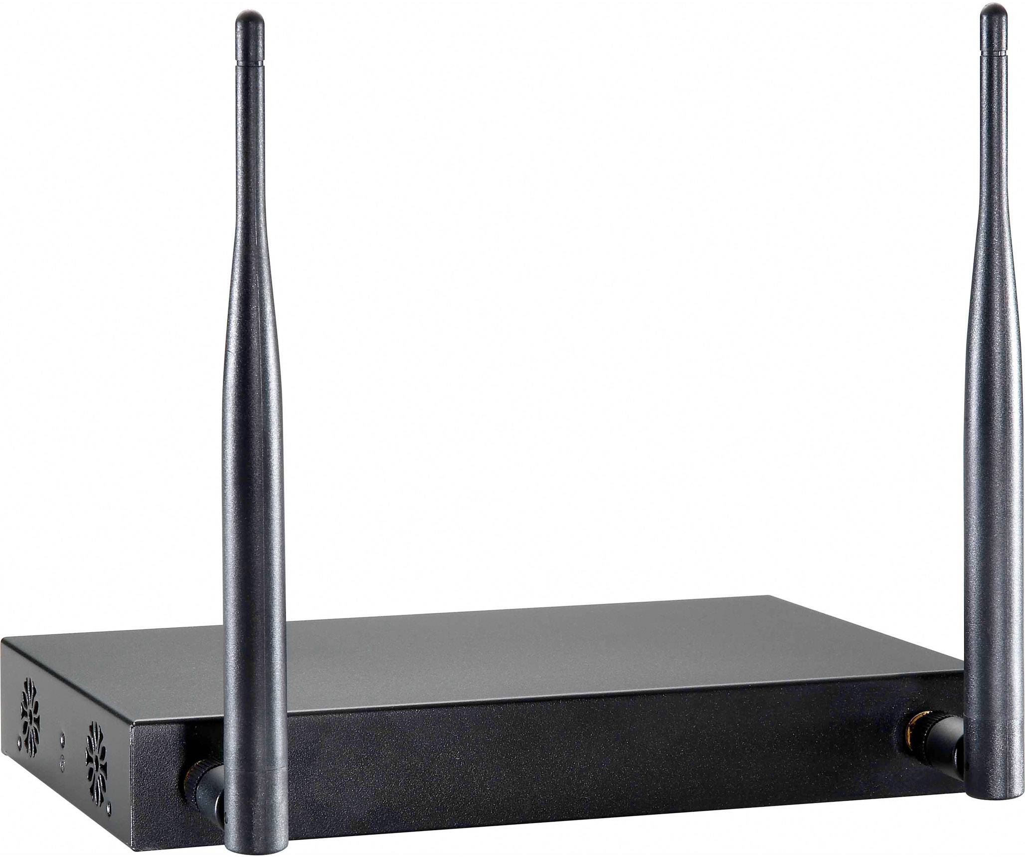 Fekete router két antennával, tipikus WLAN-kapcsolatok dizájnja, fehér háttér előtt bemutatva.