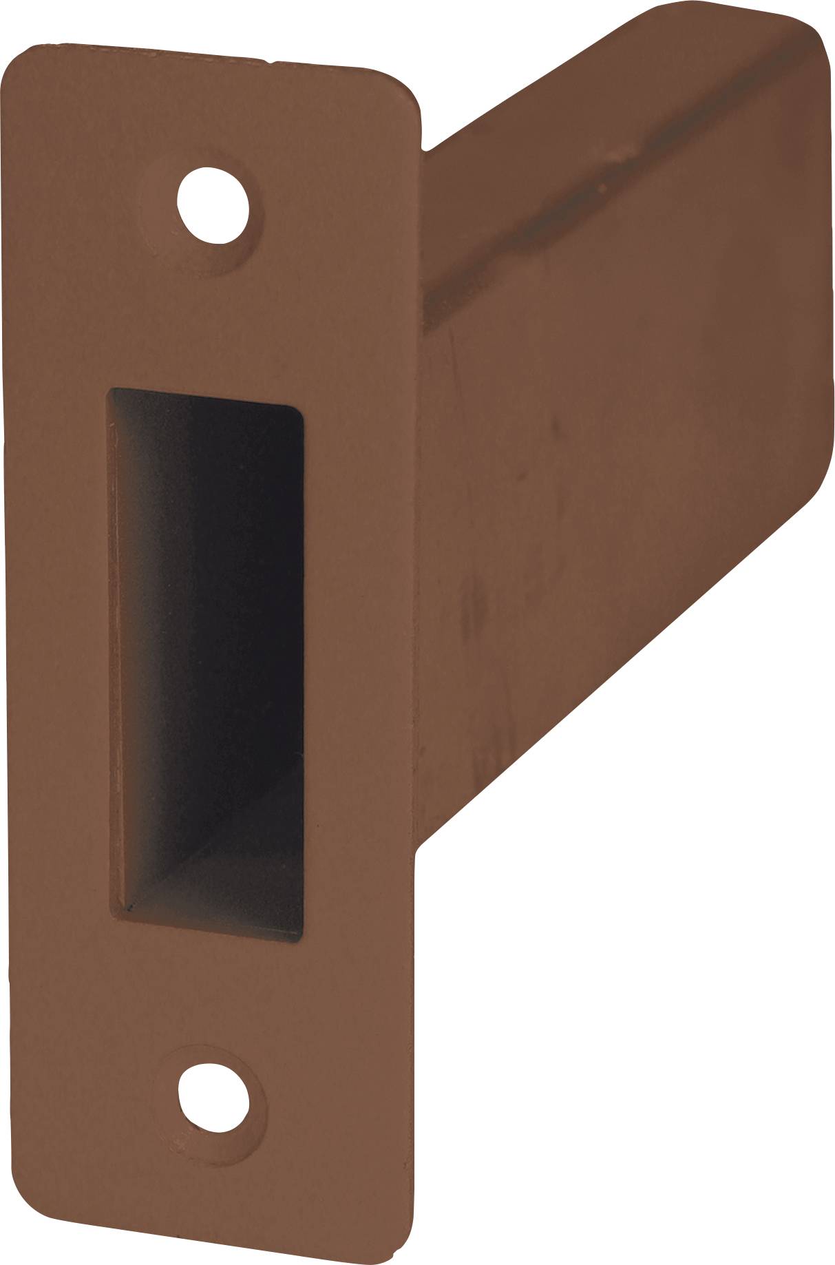 Egy téglalap alakú, barna fémdarab nagy, téglalap alakú kivágással és két kerek rögzítőlyukkal.