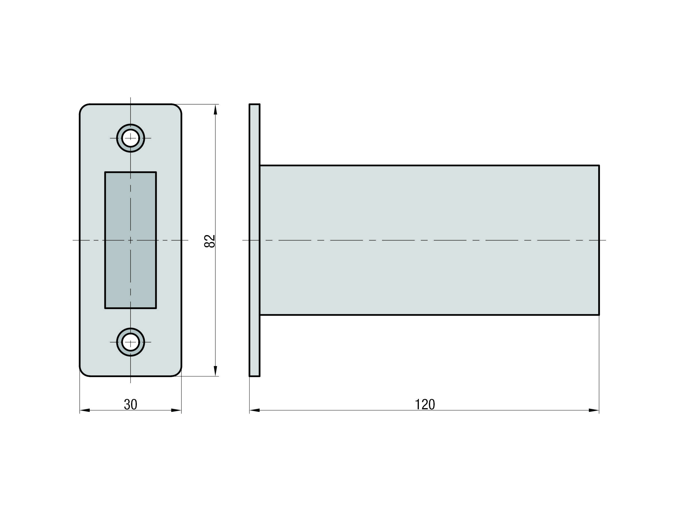 Egy fémszerelvény műszaki rajza méretekkel: teljes hosszúság 120 mm, szélesség 30 mm és magasság 82 mm.