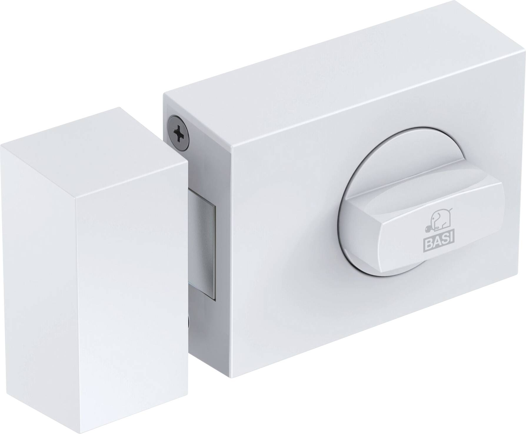 Fehér színű ajtó kiegészítő zár forgógombbal és téglalap alakban, amely biztonságot és további ajtózárat biztosít.