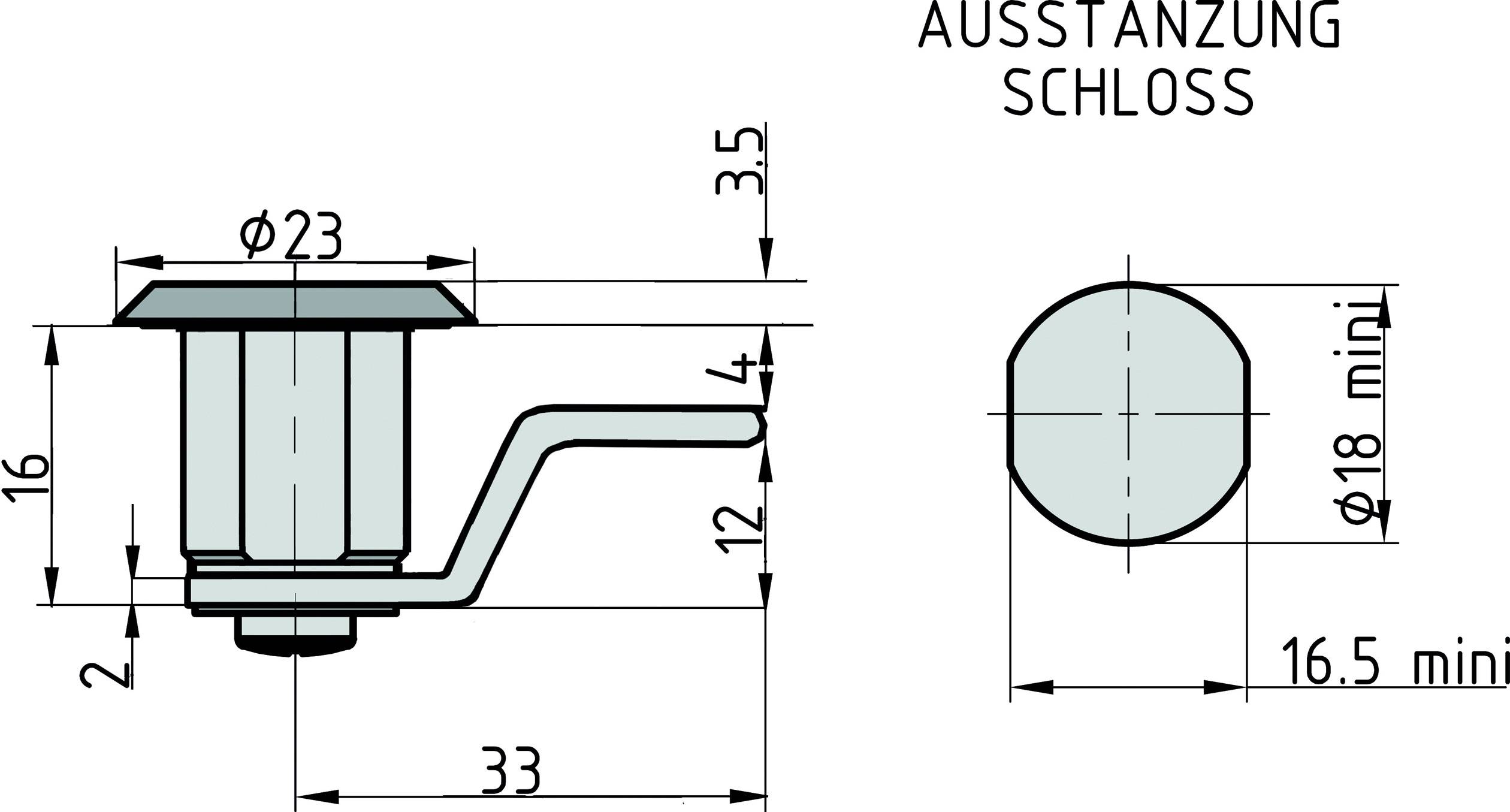 Műszaki rajz egy zárról méretekkel: Átmérő 24 mm, nyílás 18 mm, hosszúság 33 mm. Adatok németül és angolul.