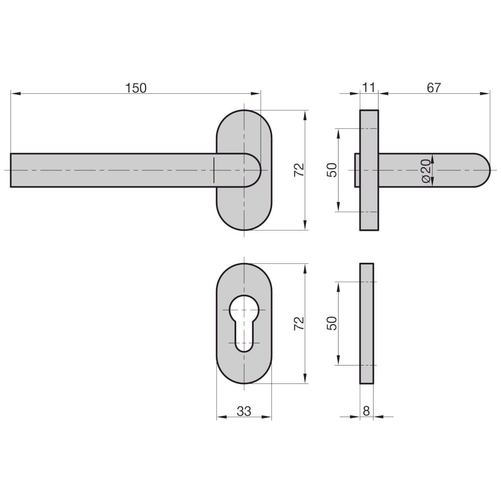 Műszaki rajz egy ajtókilincs-készletről méretekkel. Ábrázolja a kilincset, a kulcscímkét és azok méreteit milliméterben.