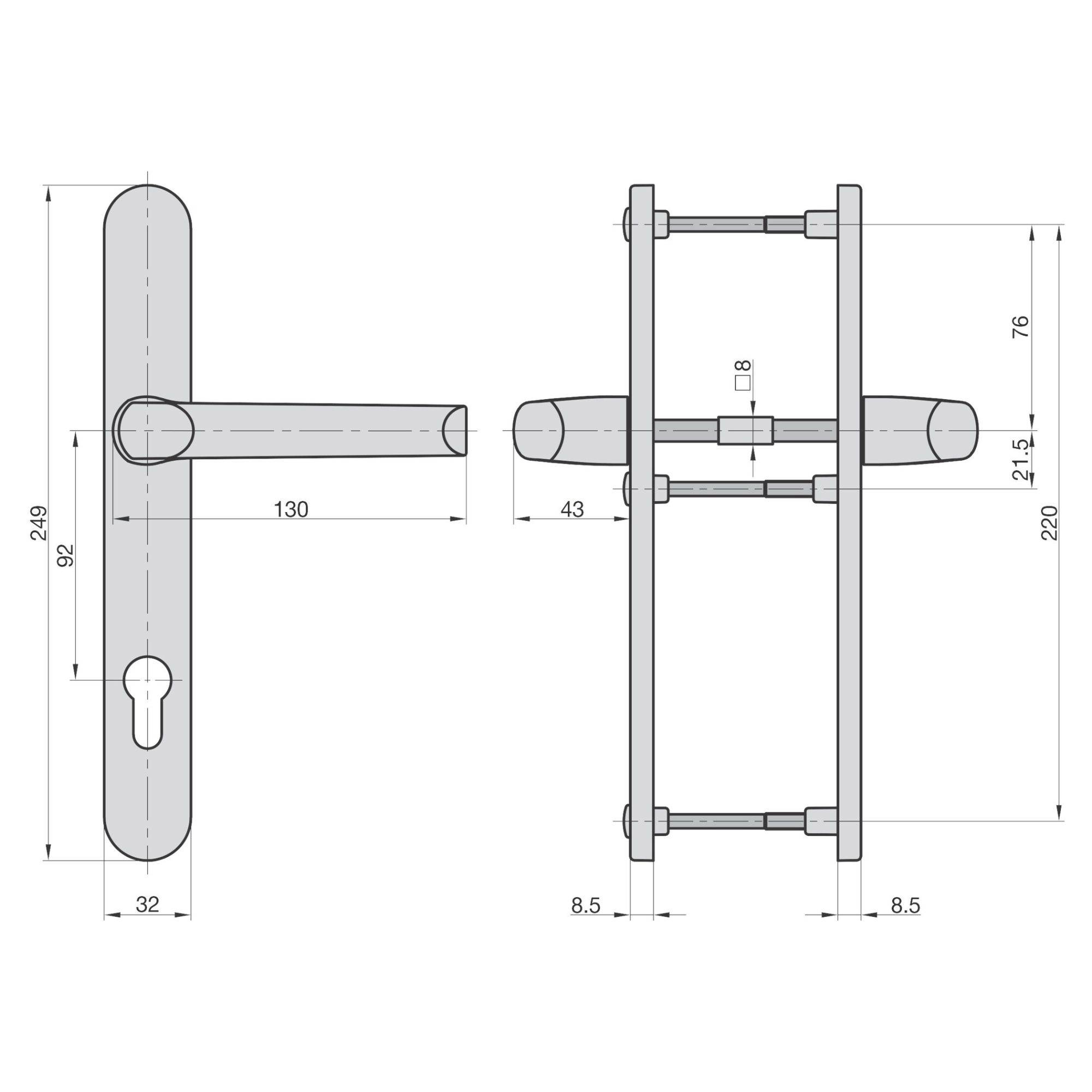 Műszaki rajz egy ajtókilincsről pontos méretekkel milliméterben. Oldalnézet és felülnézet, bemutatja a pozicionálást és rögzítést.