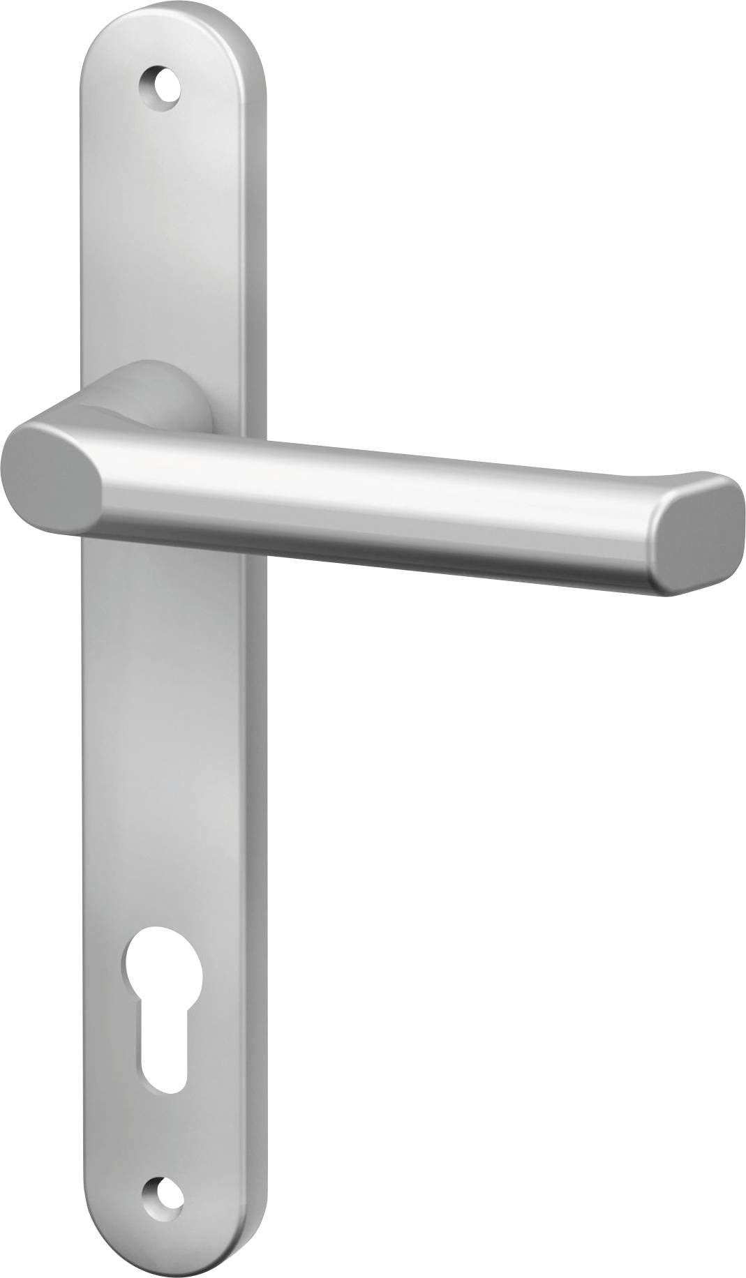 Kulcsos zárnyílással rendelkező, függőlegesen elhelyezett ezüst kilincsgarnitúra.