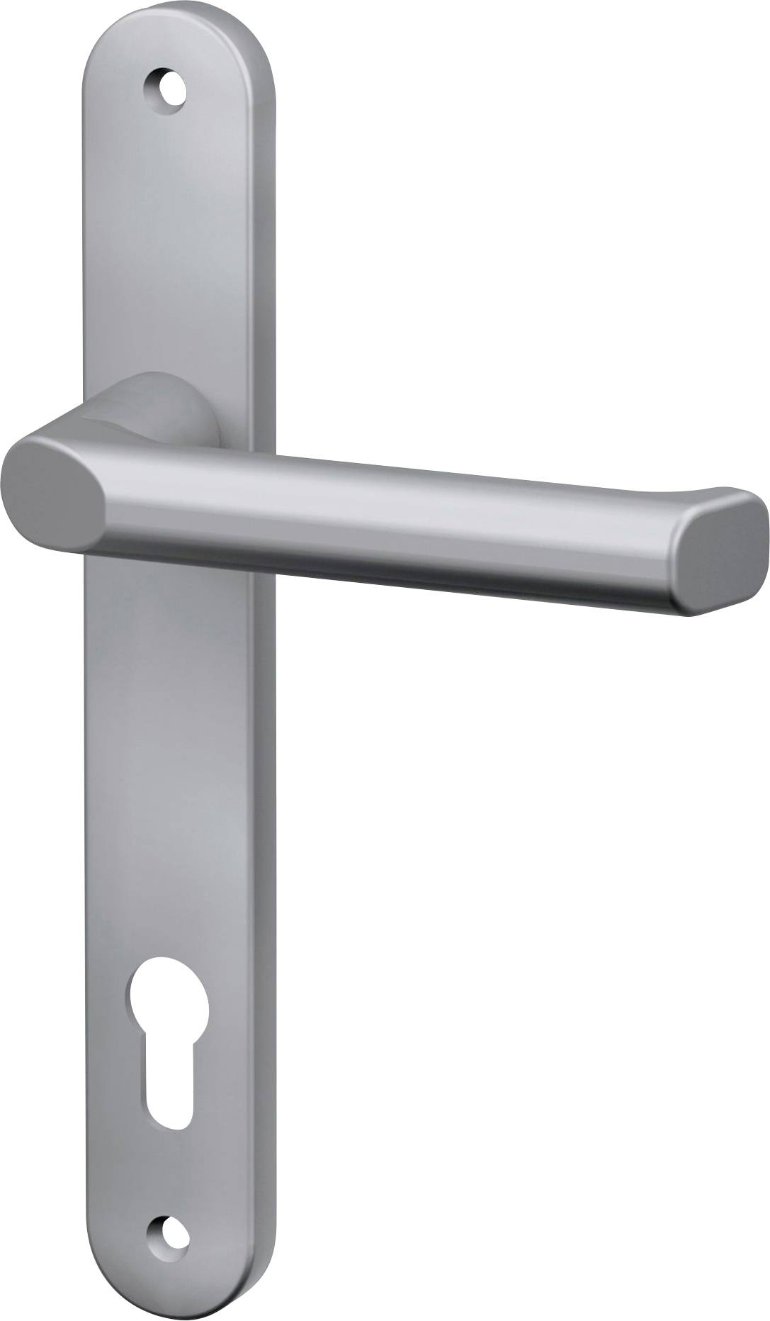 Ovális takarólemezzel és kulcslyukkal rendelkező, matt fémből készült kilincs.