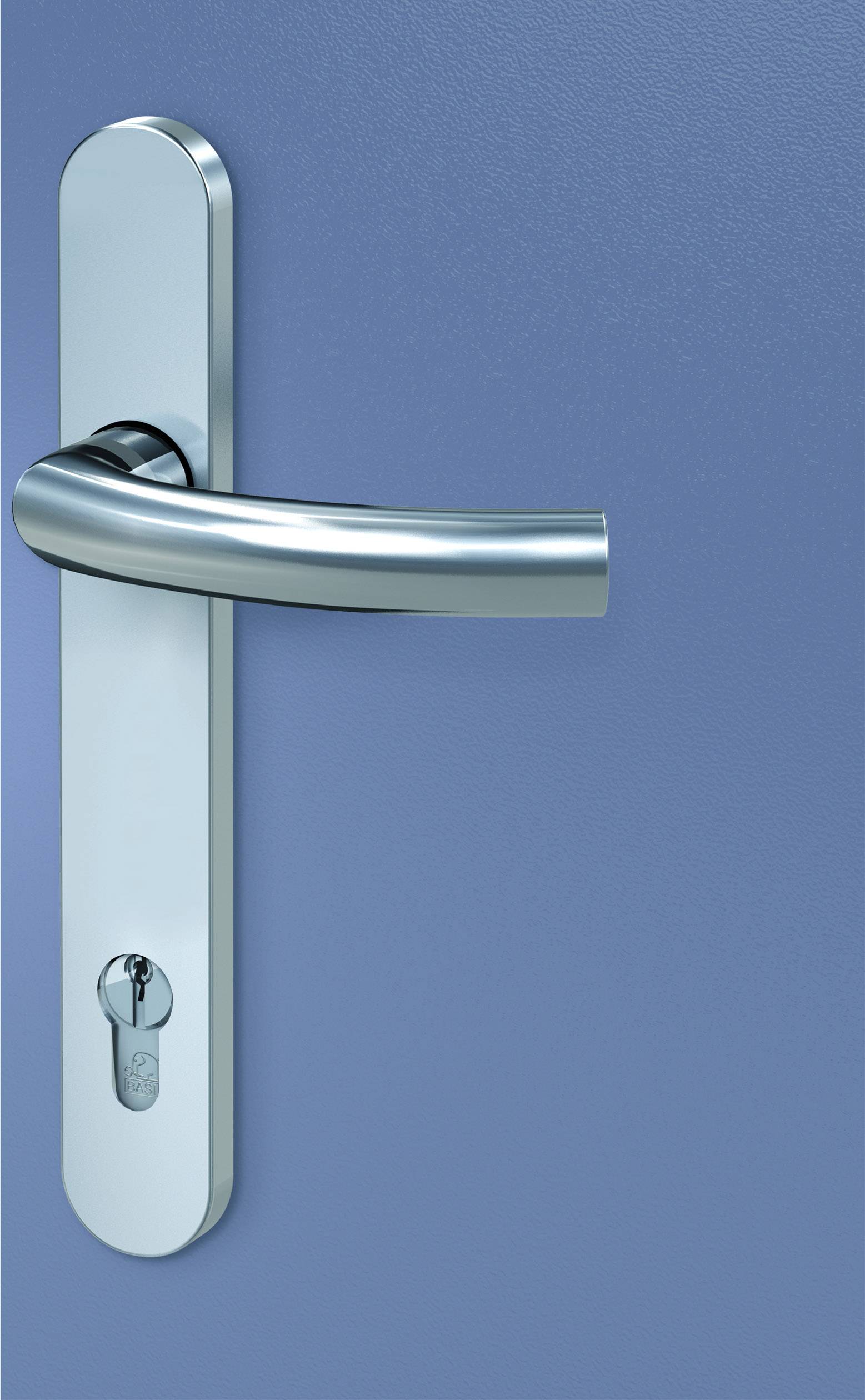 Rozsdamentes acél kilincs zárral egy kék ajtón.