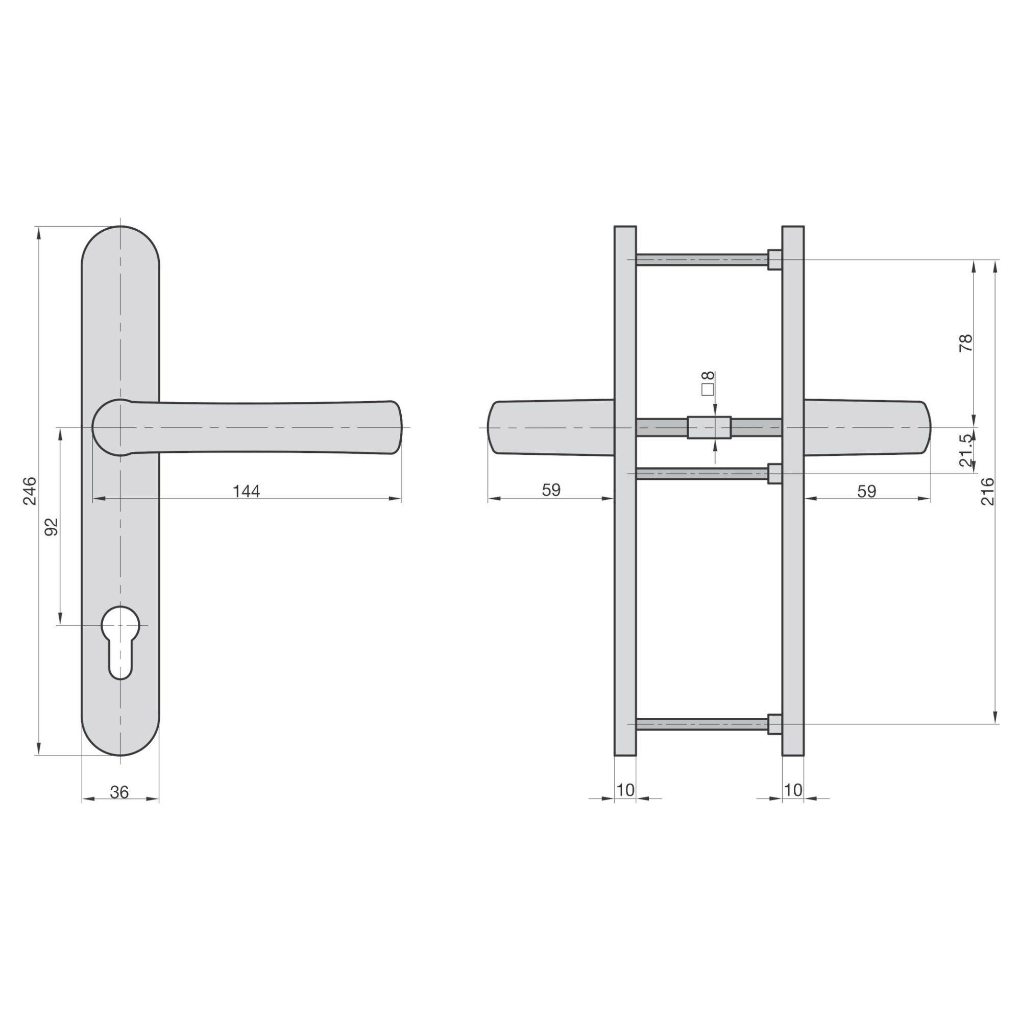 Műszaki rajz egy ajtókilincs-szettről méretekkel: 216 mm magasság, 36 mm szélesség, 144 mm fogantyú, 59 mm távolság. Elölnézet és oldalnézet.