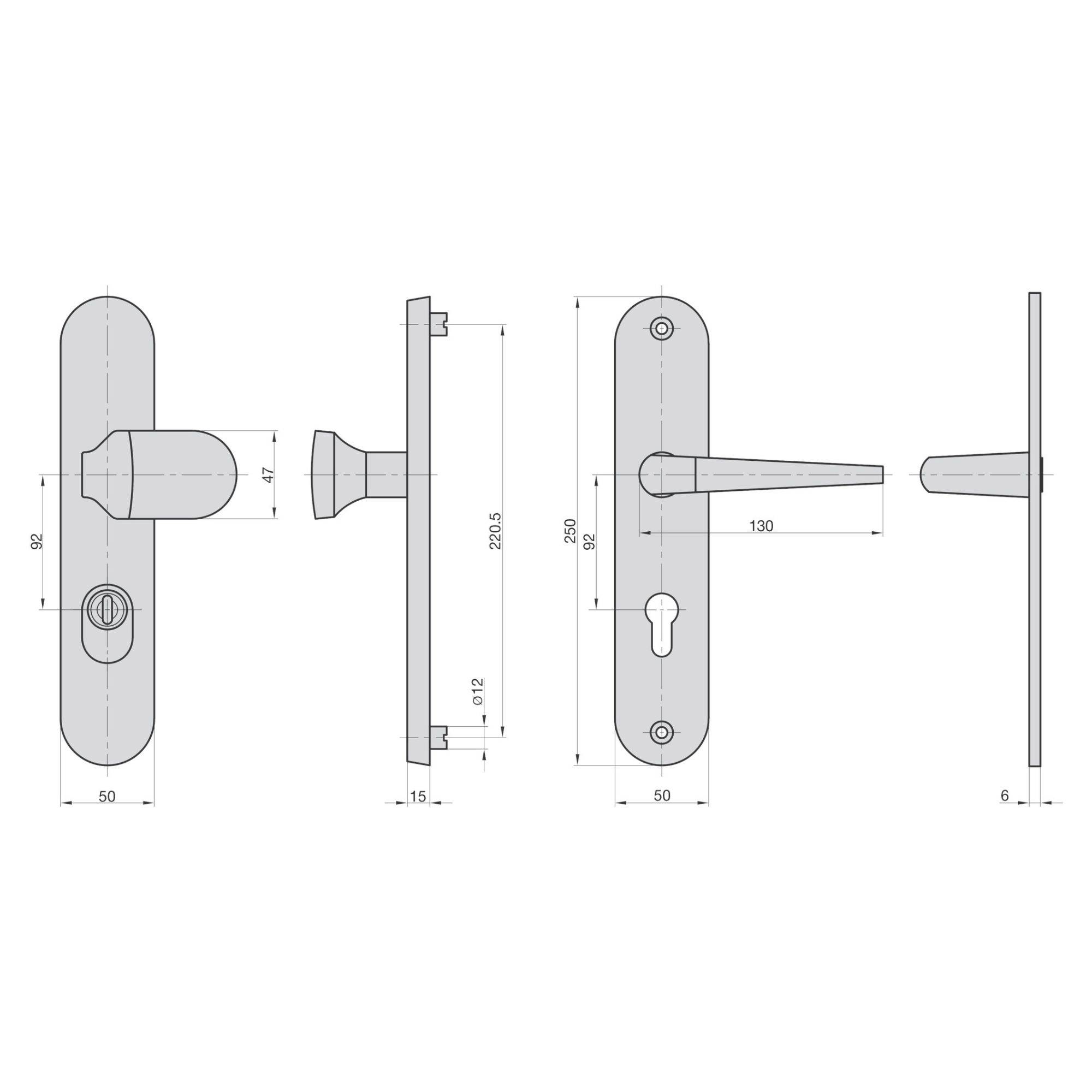 Műszaki rajz egy ajtófogantyúról méretekkel és szerelési nézetekkel elölről, hátulról és oldalról.