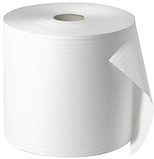 Egy nagy tekercs fehér papírtörlő, részben lecsévélve, semleges háttér előtt.